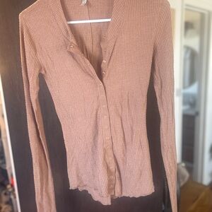 Free People Ribbed Button-Front Long Sleeve Top in Dusty Rose Tan